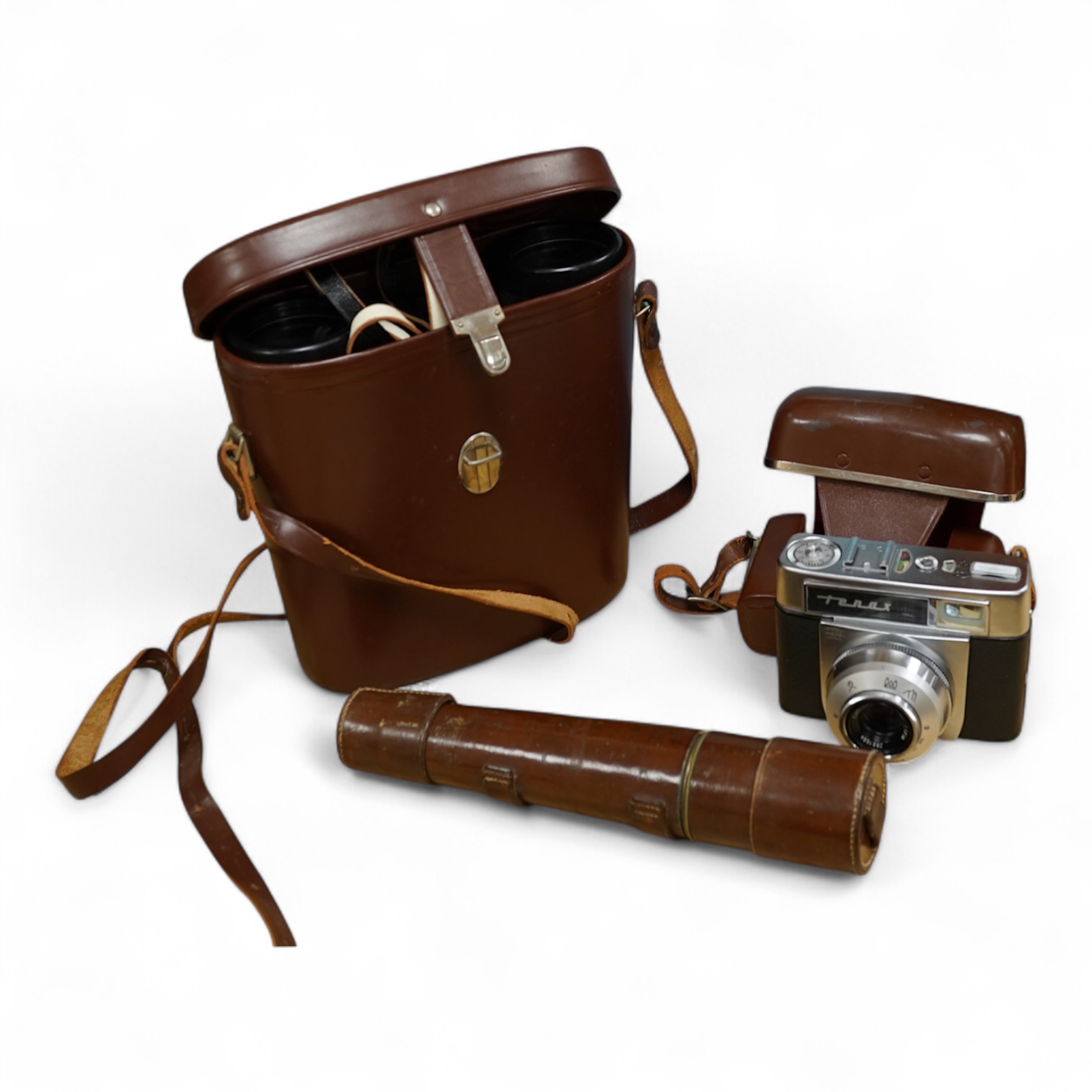A leather cased telescope, a Zeiss Ikon camera and cased Zeiss Decarem 10 x 50 binoculars- 20cm high plus original box, 20cm high